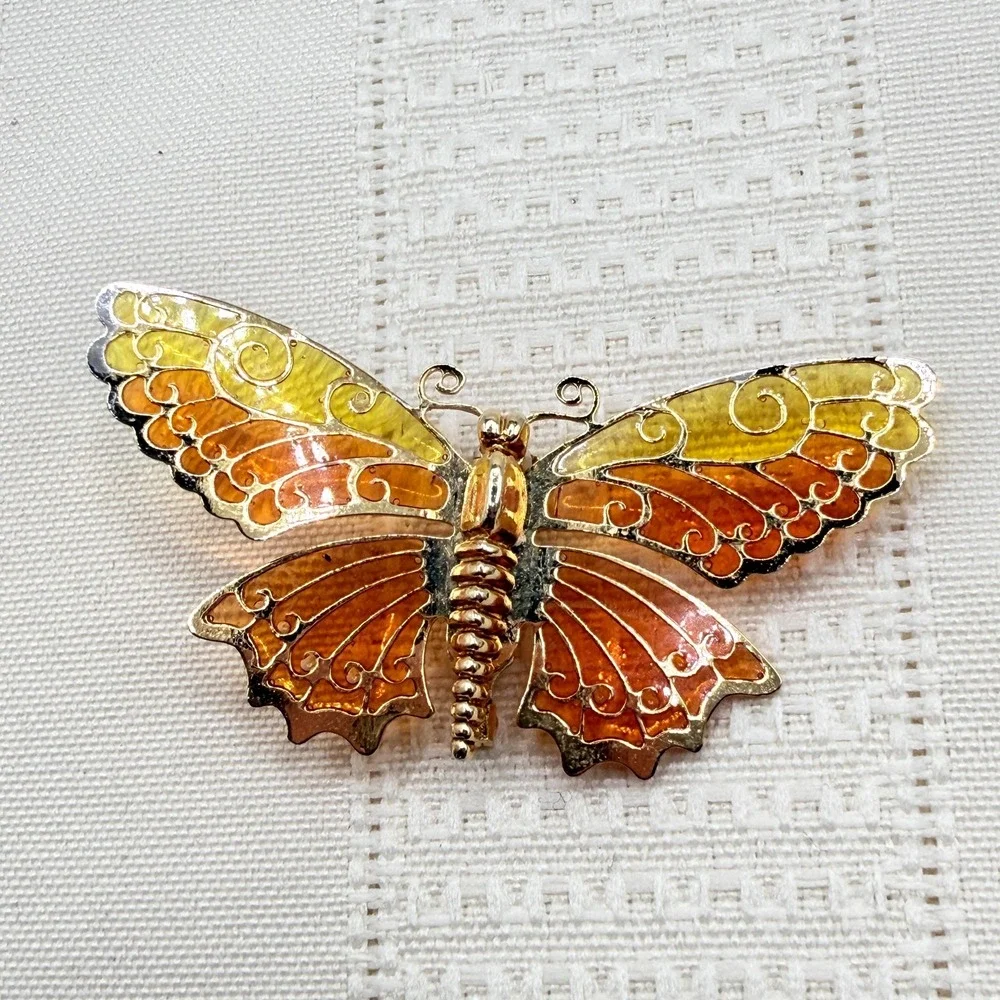 Vintage 70s Avon Orange Yellow Butterfly Wings w/ Stained Glass Effect Brooch